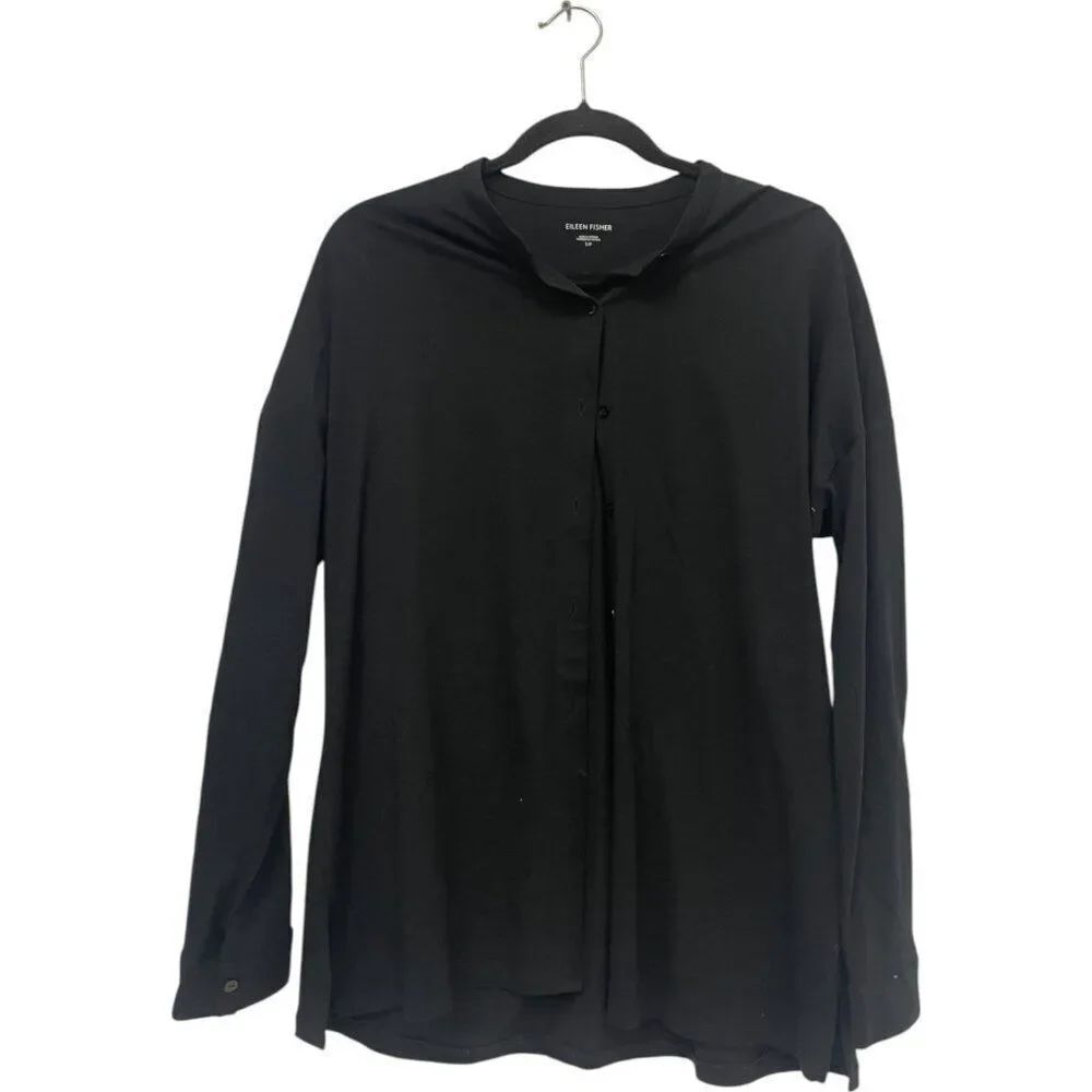 Eileen Fisher Womens Shirt Small S Button Up Black organic cotton Long Sleeve